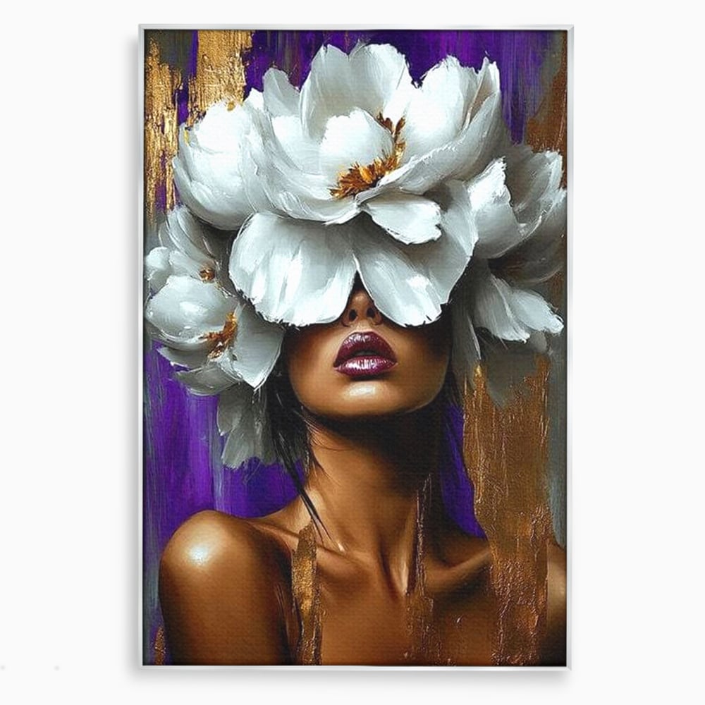 Tablou canvas cu tablou canvas cu femeie si flori albe, in rama de aluminiu argintiu